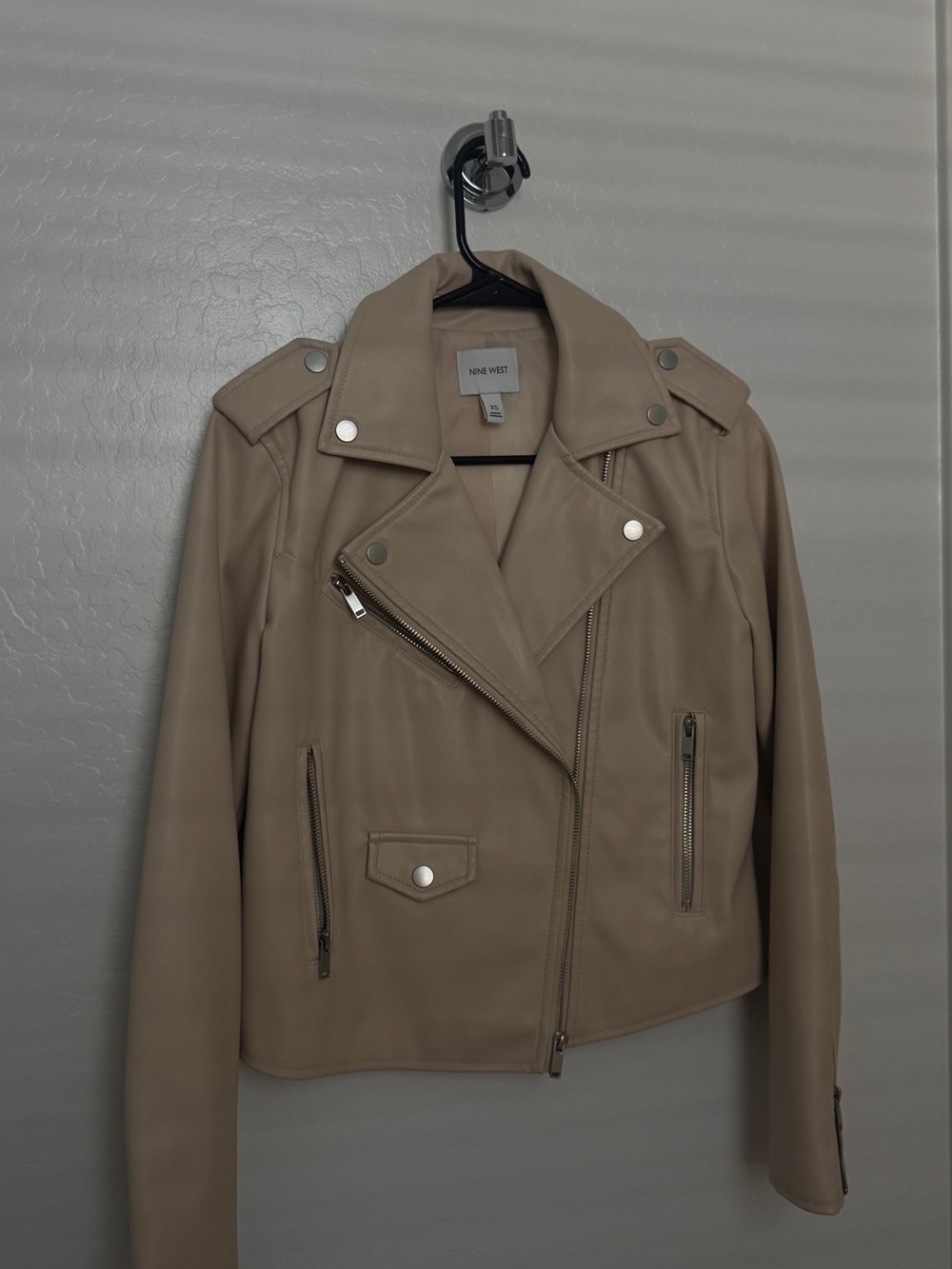 Nine West Taupe Beige Moto-Style Leather Jacket